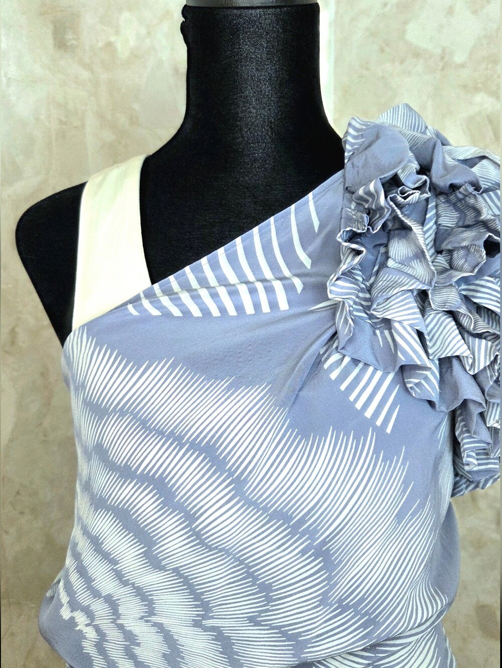 Robert Rodriguez Silk One Shoulder Dress Size 6 Blue White Ruffle Resort Vacatio - Picture 4 of 15